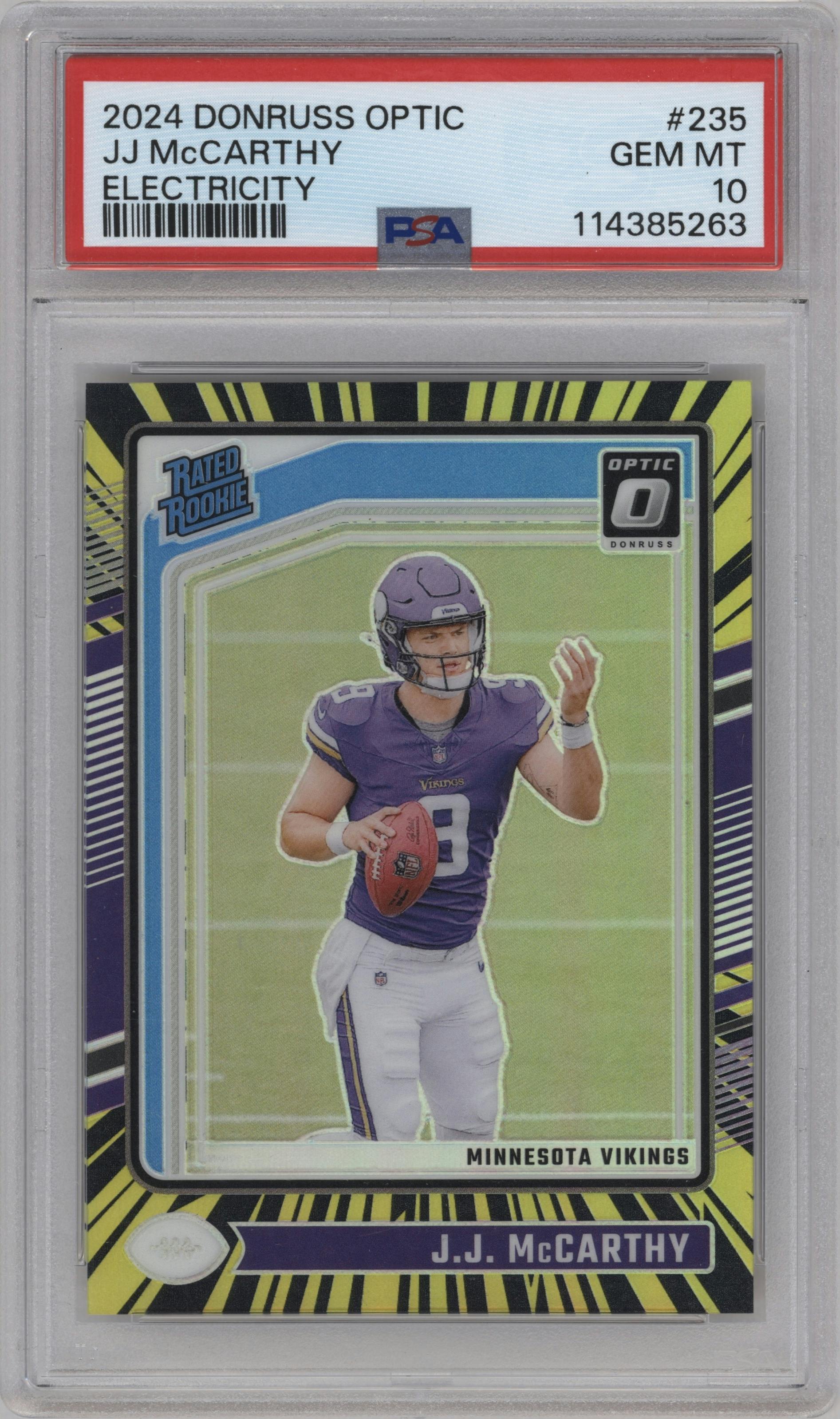 J.J. McCarthy from the 2024 Donruss Optic set featuring a Electricity  parallel graded by PSA and given an overall grade of 10.