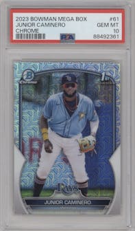 Junior Caminero from the 2023 Bowman Mega Box set graded by PSA and given an overall grade of 10.
