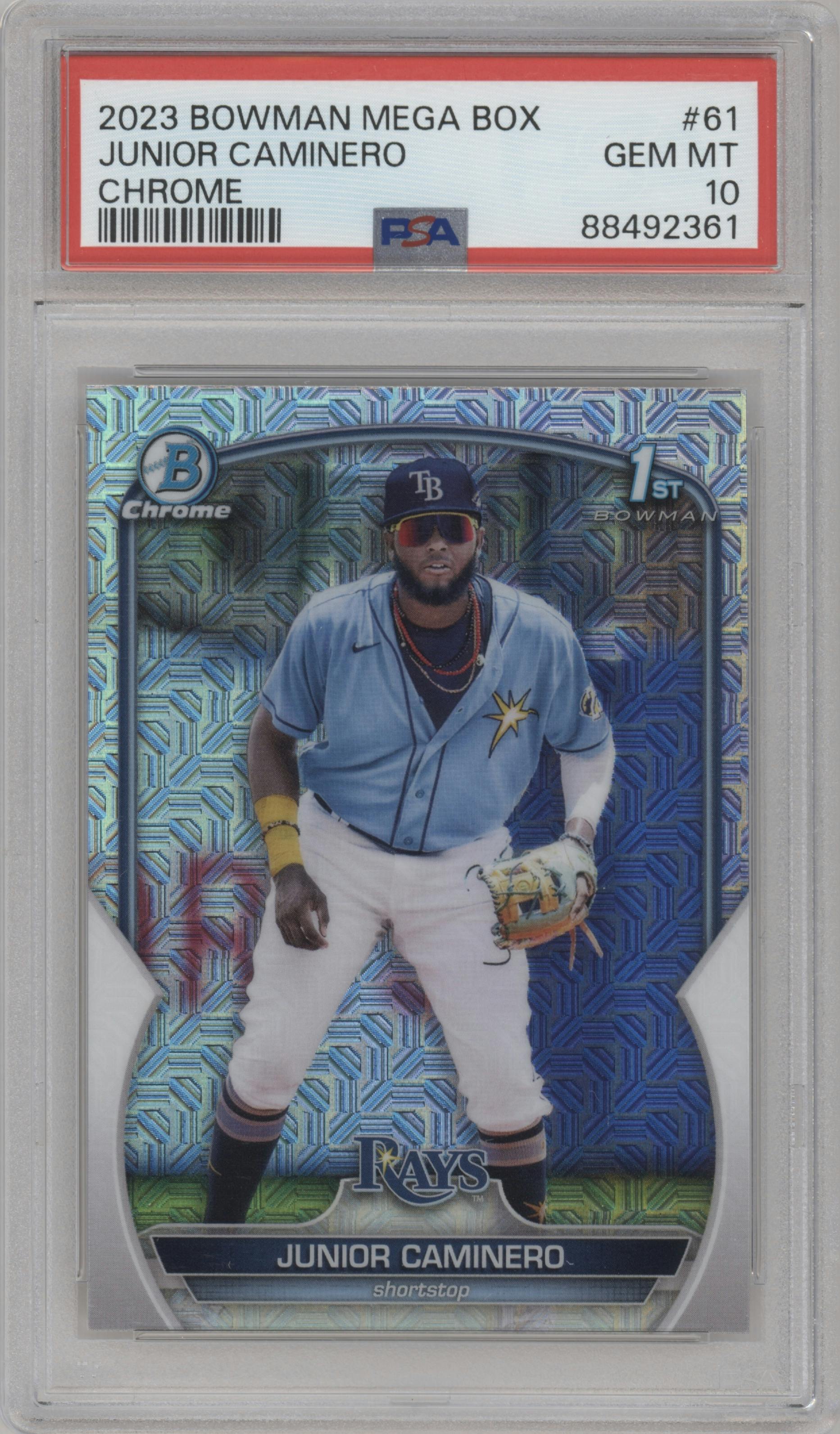 Junior Caminero from the 2023 Bowman Mega Box set graded by PSA and given an overall grade of 10.