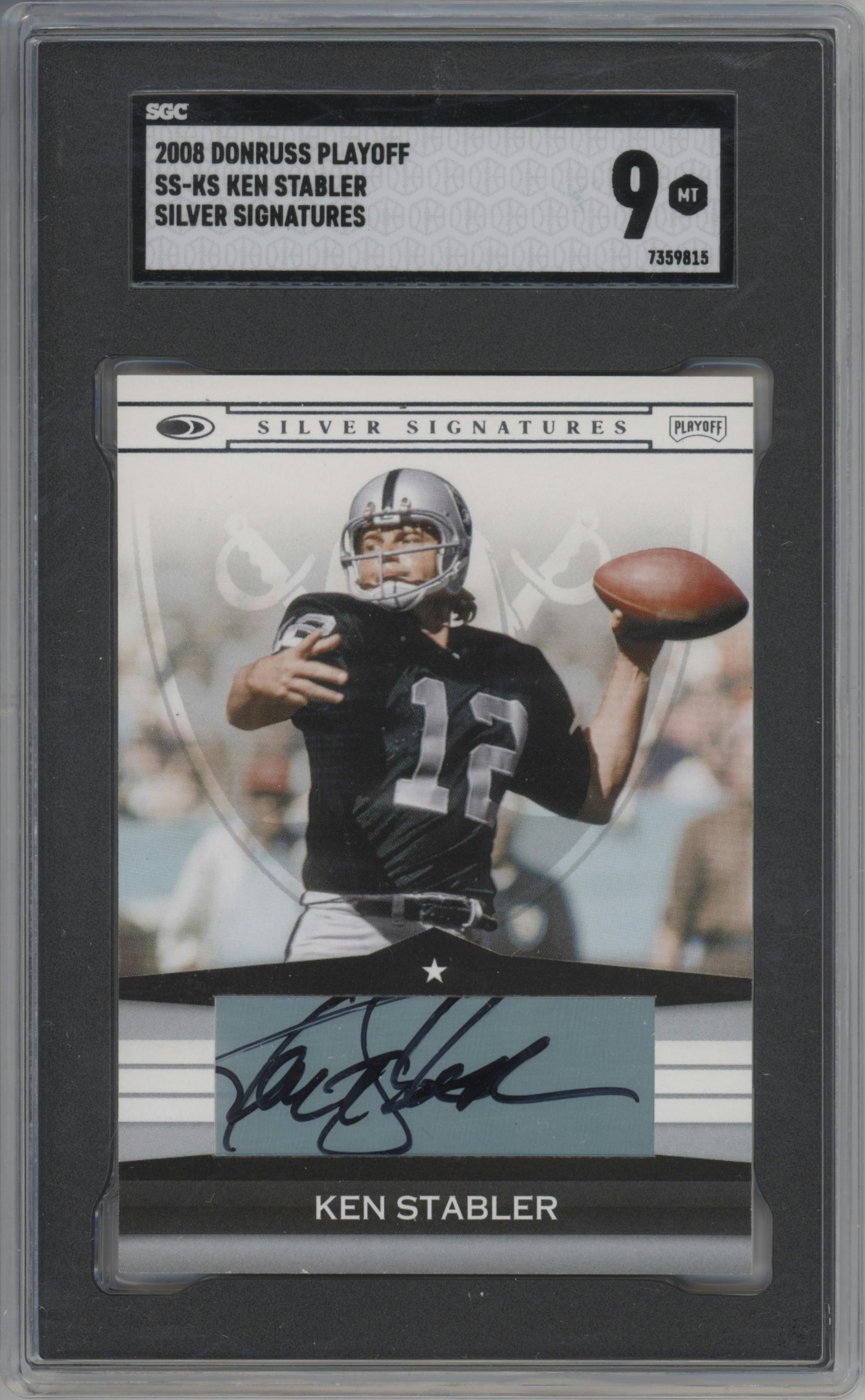 Ken Stabler from the 2008 Donruss Playoff Silver Signatures set graded by SGC and given an overall grade of 9.