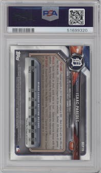 Isaac Paredes from the 2018 Bowman set featuring a Green Shimmer Refractor parallel graded by PSA and given an overall grade of 9.