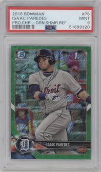 Isaac Paredes from the 2018 Bowman set featuring a Green Shimmer Refractor parallel graded by PSA and given an overall grade of 9.