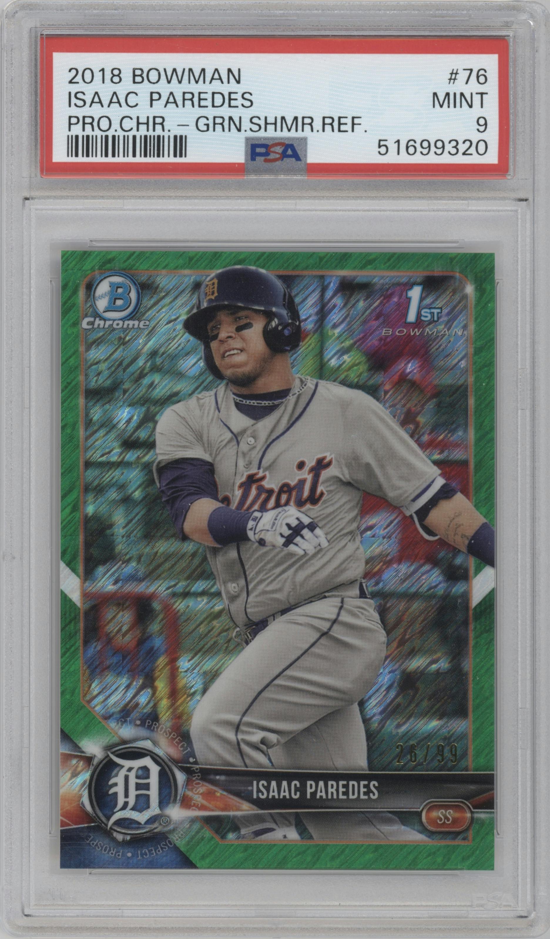 Isaac Paredes from the 2018 Bowman set featuring a Green Shimmer Refractor parallel graded by PSA and given an overall grade of 9.