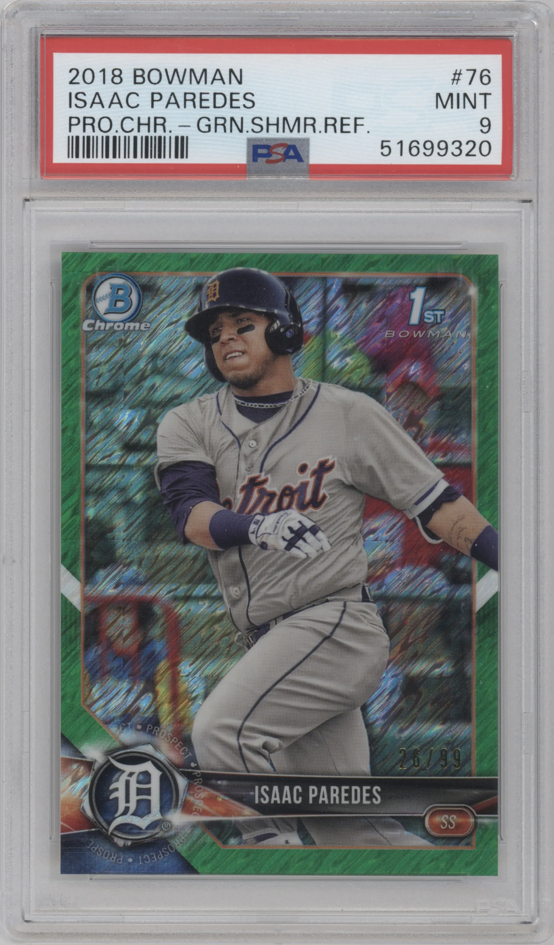 2018 Bowman Chr.Pros. Isaac Paredes Green Shimmer Refractor #BCP76 PSA 9