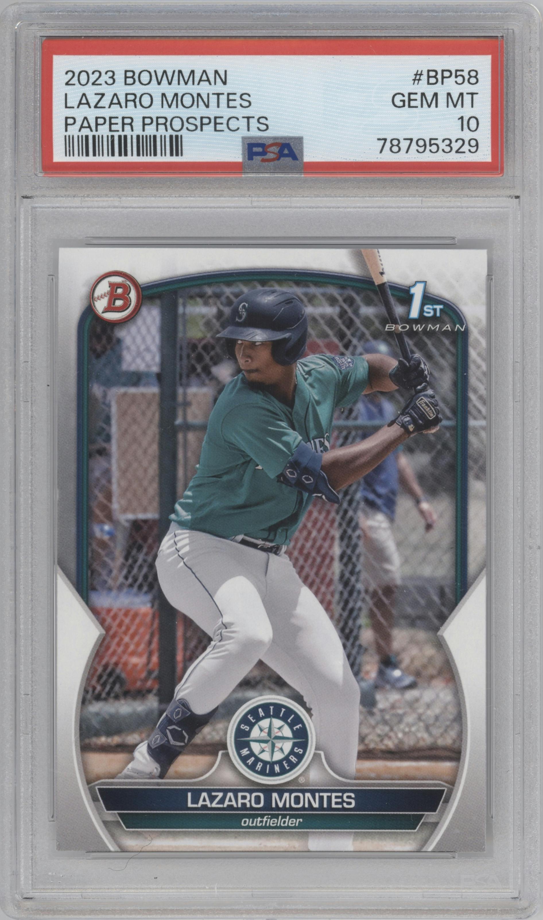 Lazaro Montes from the 2023 Bowman  set graded by PSA and given an overall grade of 10.