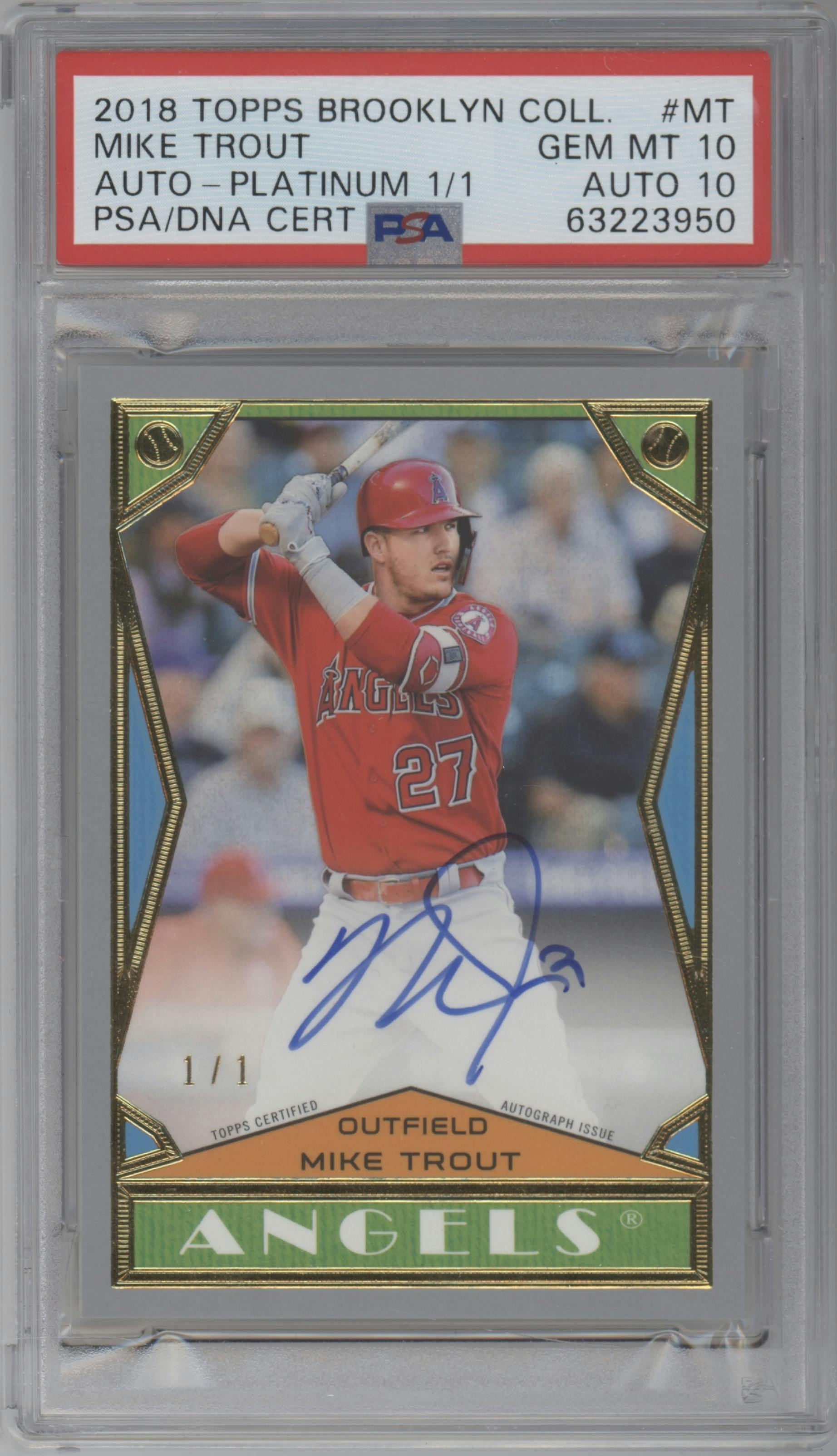 Mike Trout from the 2018 Topps Brooklyn Collection set featuring a Platinum parallel graded by PSA and given an overall grade of 10.