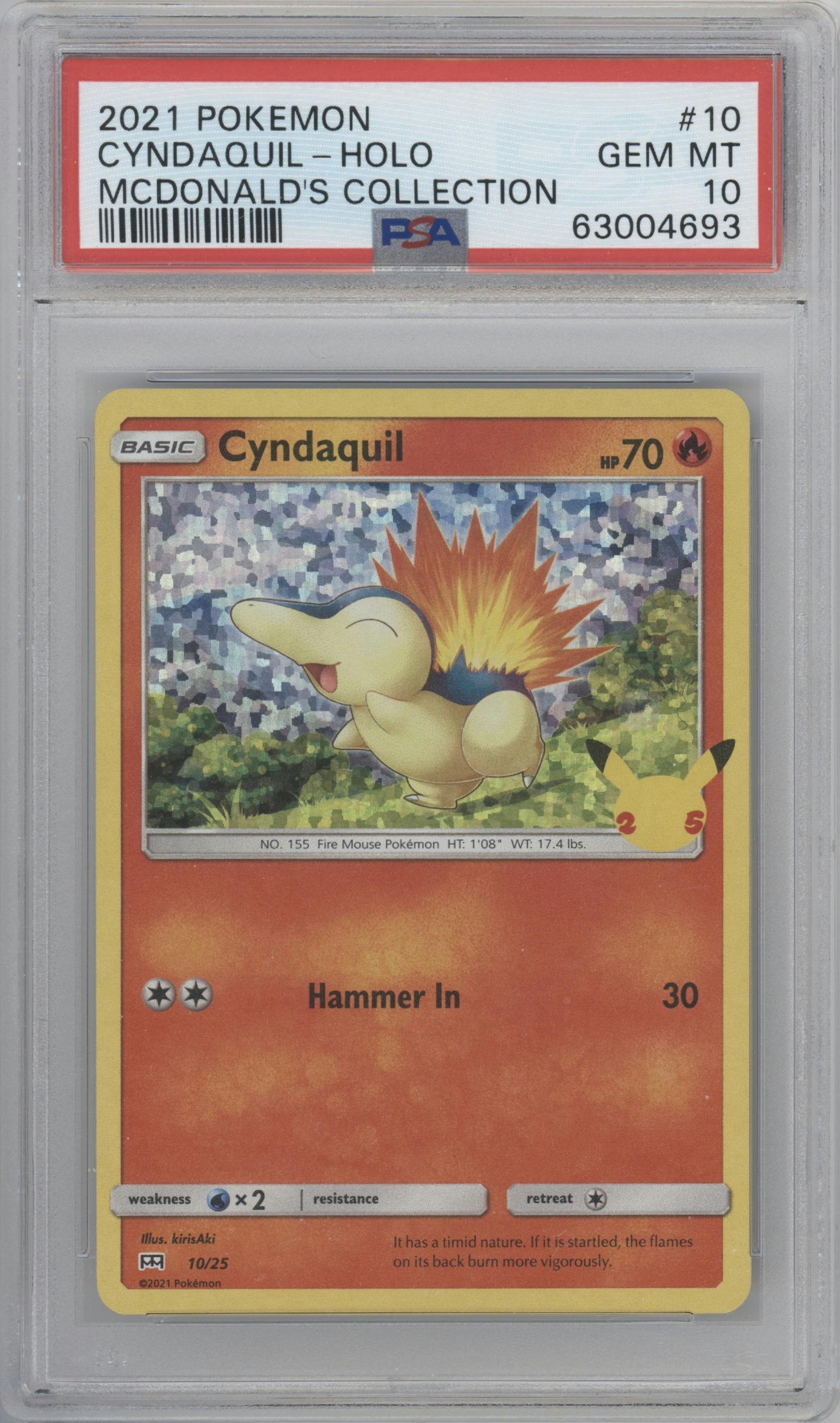 Cyndaquil from the 2021 Pokemon SWSH set graded by PSA and given an overall grade of 10.