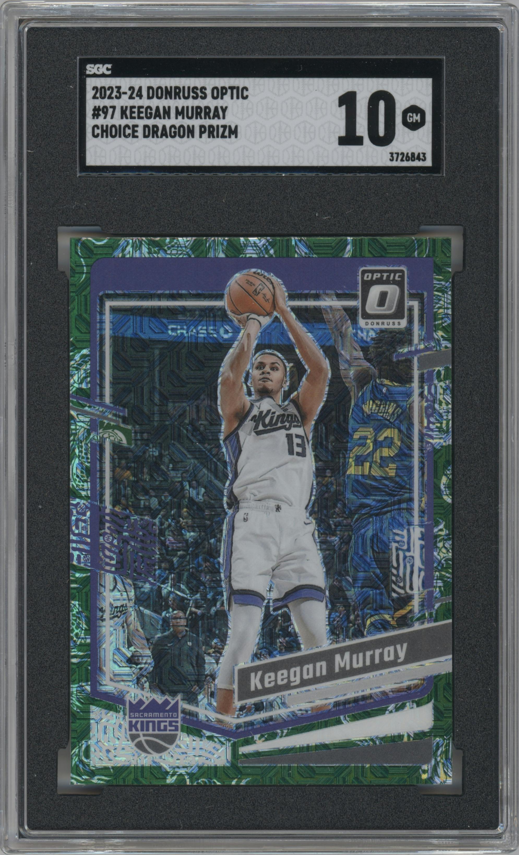 Keegan Murray from the 2023-24 Donruss Optic set featuring a Choice Dragon parallel graded by SGC and given an overall grade of 10.