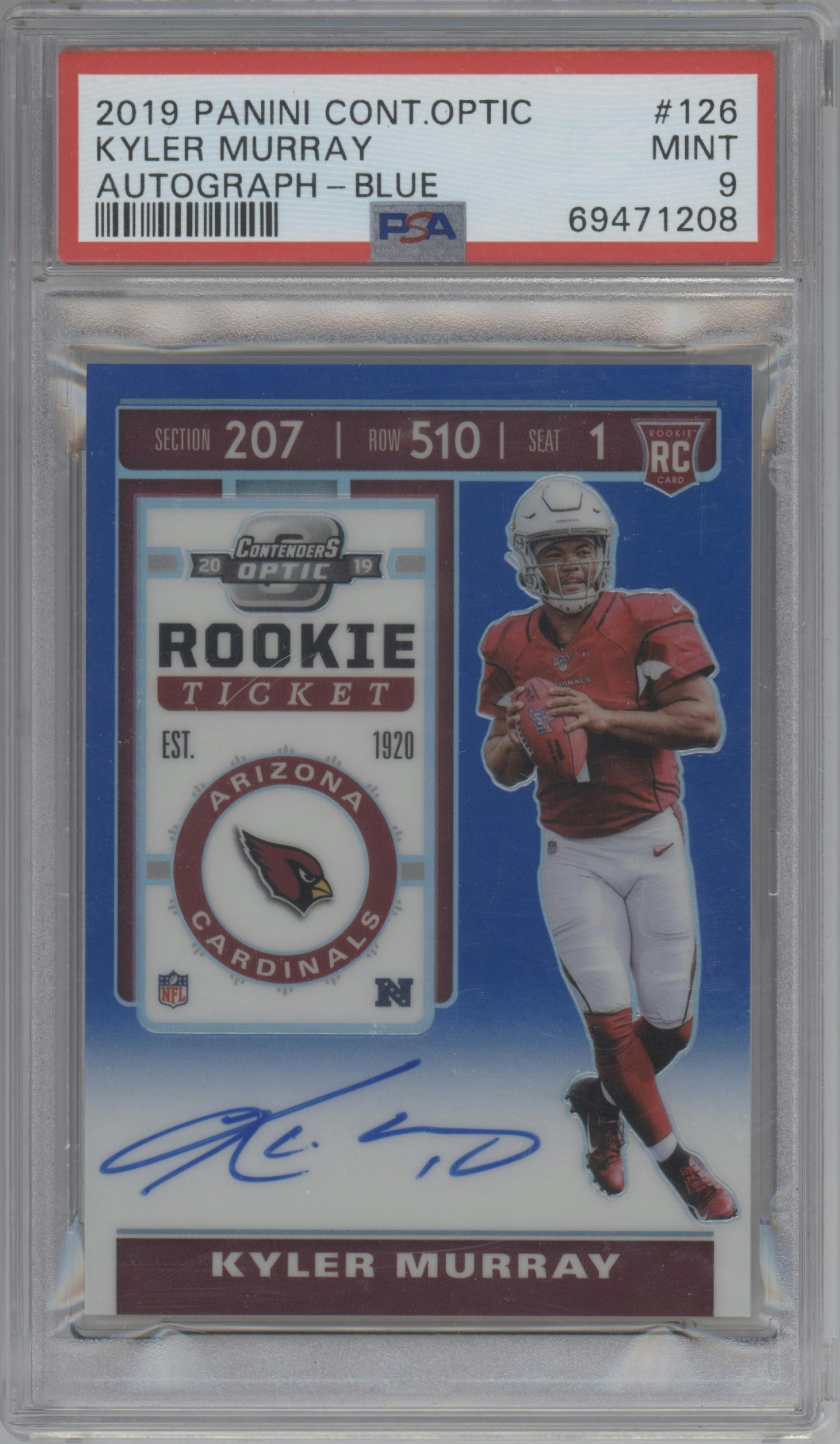 Kyler Murray from the 2019 Panini Contenders Optic set featuring a Blue parallel graded by PSA and given an overall grade of 9.