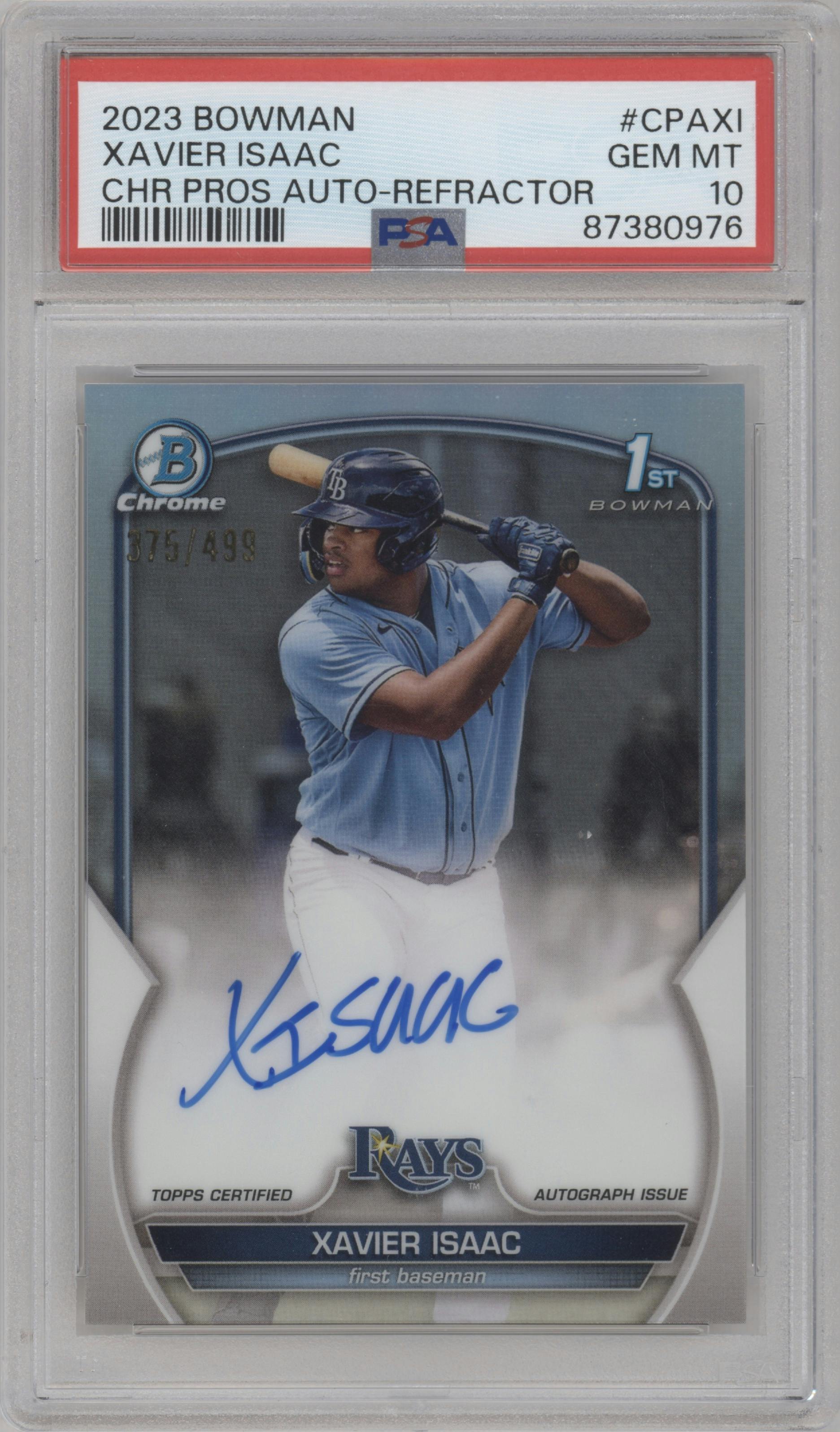 Xavier Isaac from the 2023 Bowman  set featuring a Refractor parallel graded by PSA and given an overall grade of 10.