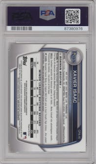 Xavier Isaac from the 2023 Bowman  set featuring a Refractor parallel graded by PSA and given an overall grade of 10.
