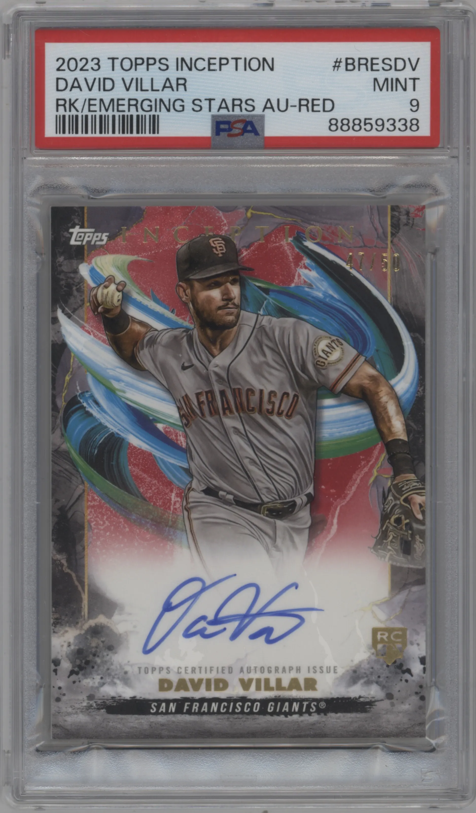 2023 Topps Inception Rke./Emer.Star Auto David Villar Red #BRES-DV PSA 9