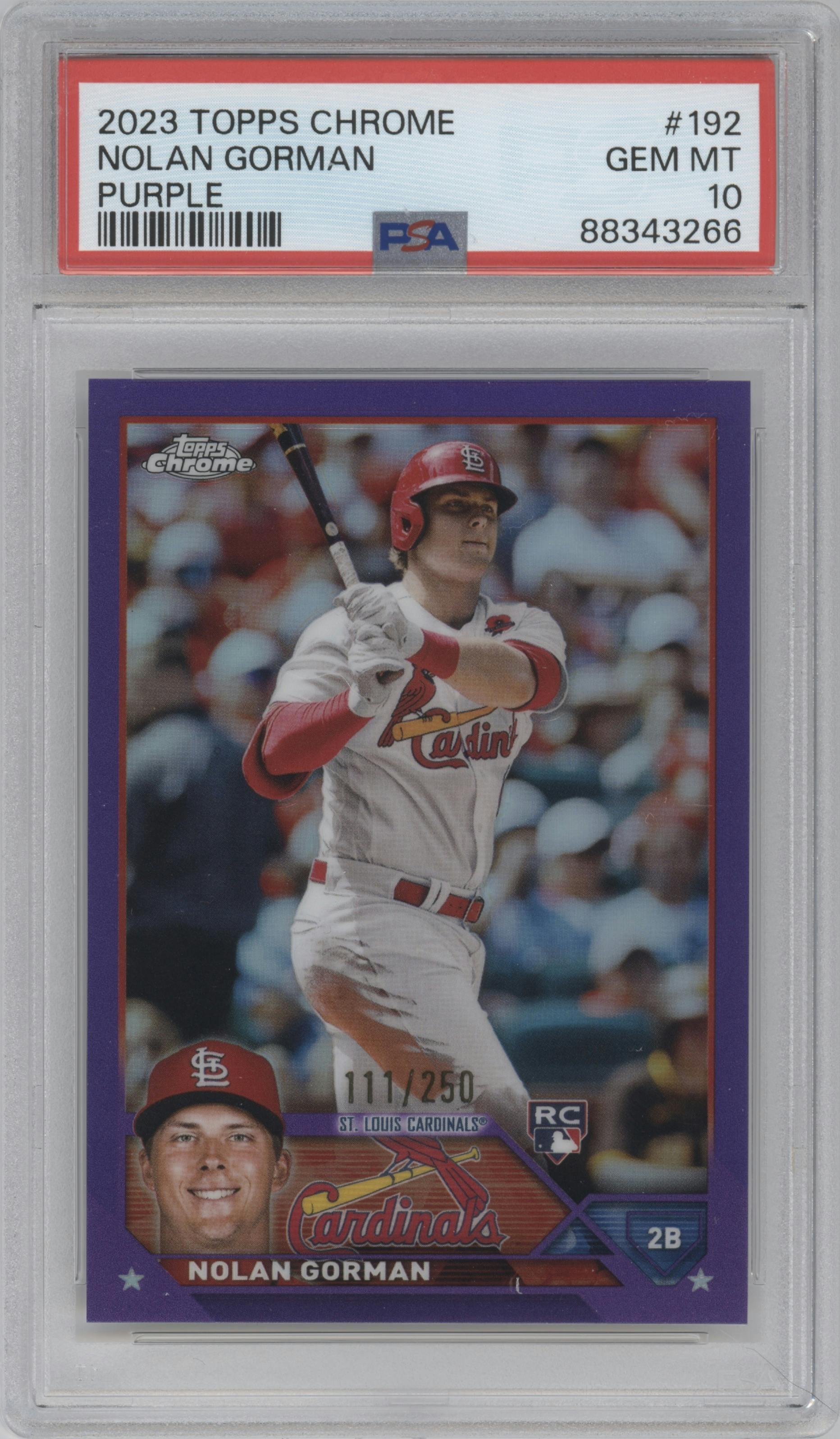 Nolan Gorman from the 2023 Topps Chrome set featuring a Purple Refractor parallel graded by PSA and given an overall grade of 10.