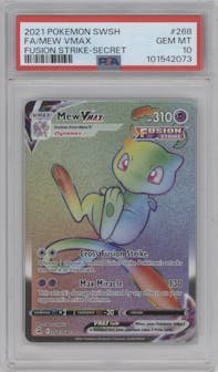 Mew VMax from the 2021 Pokemon SWSH set graded by PSA and given an overall grade of 10.