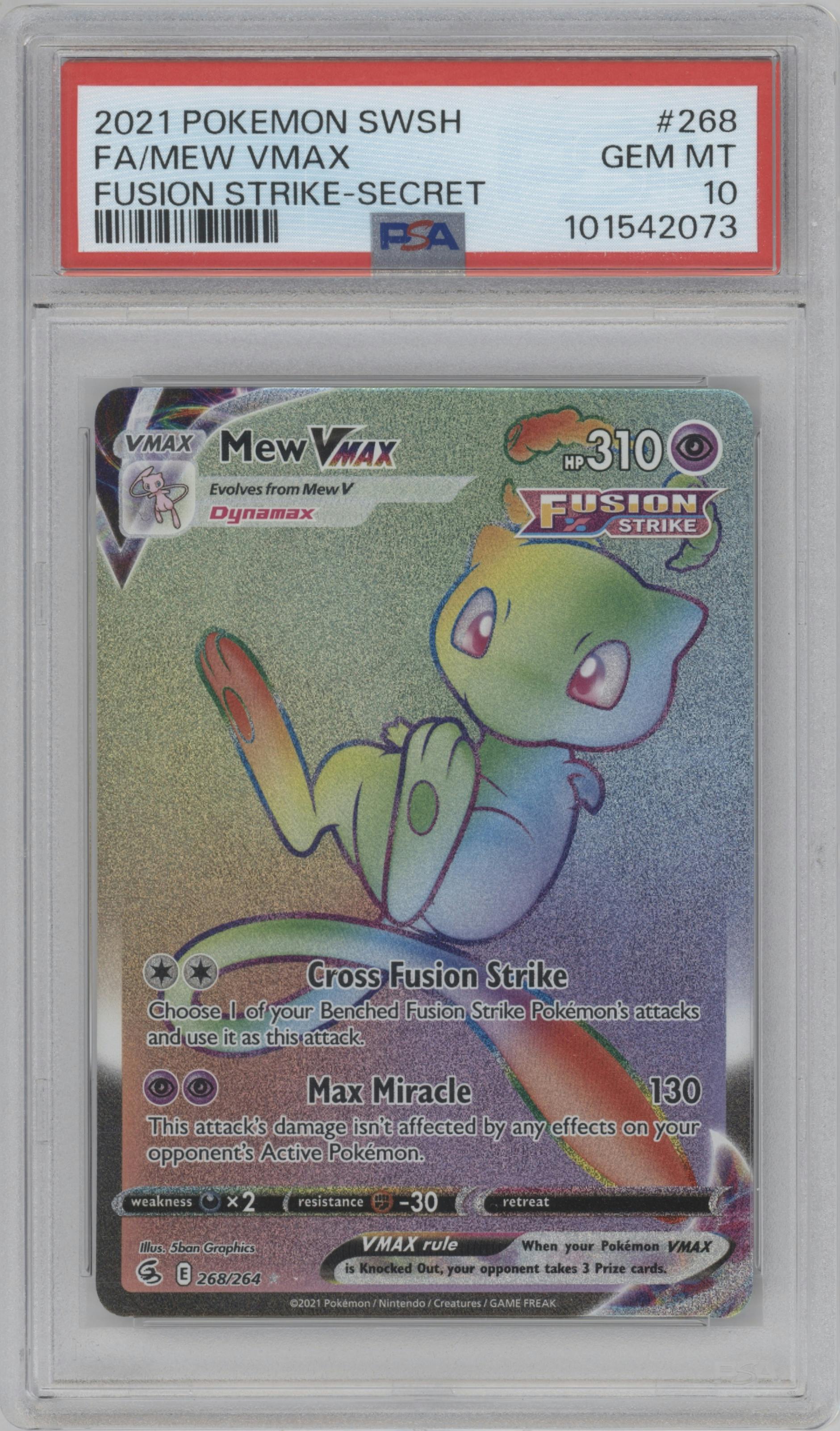 Mew VMax from the 2021 Pokemon SWSH set graded by PSA and given an overall grade of 10.