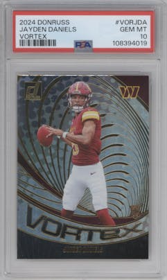 Jayden Daniels from the 2024 Donruss set graded by PSA and given an overall grade of 10.