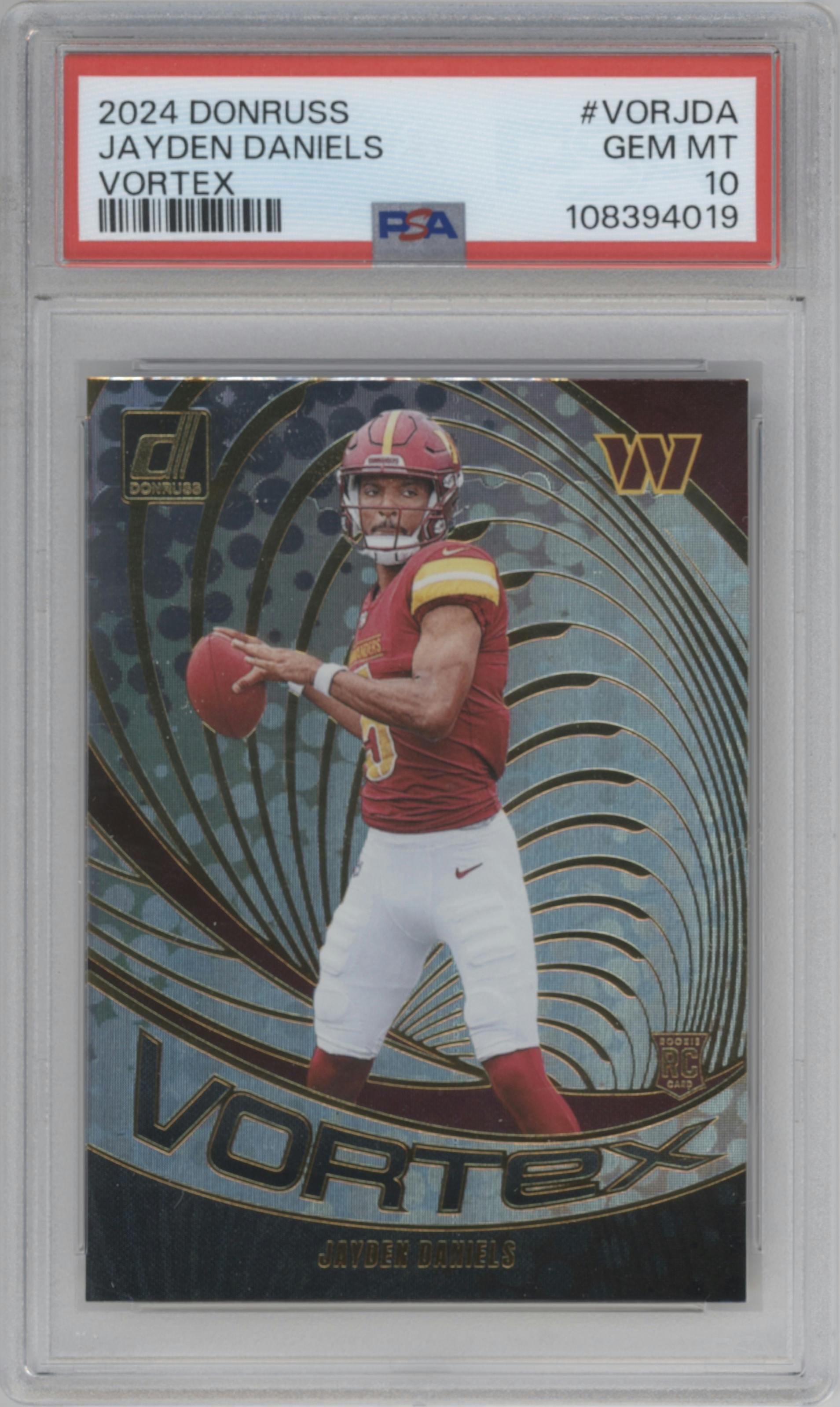 Jayden Daniels from the 2024 Donruss set graded by PSA and given an overall grade of 10.