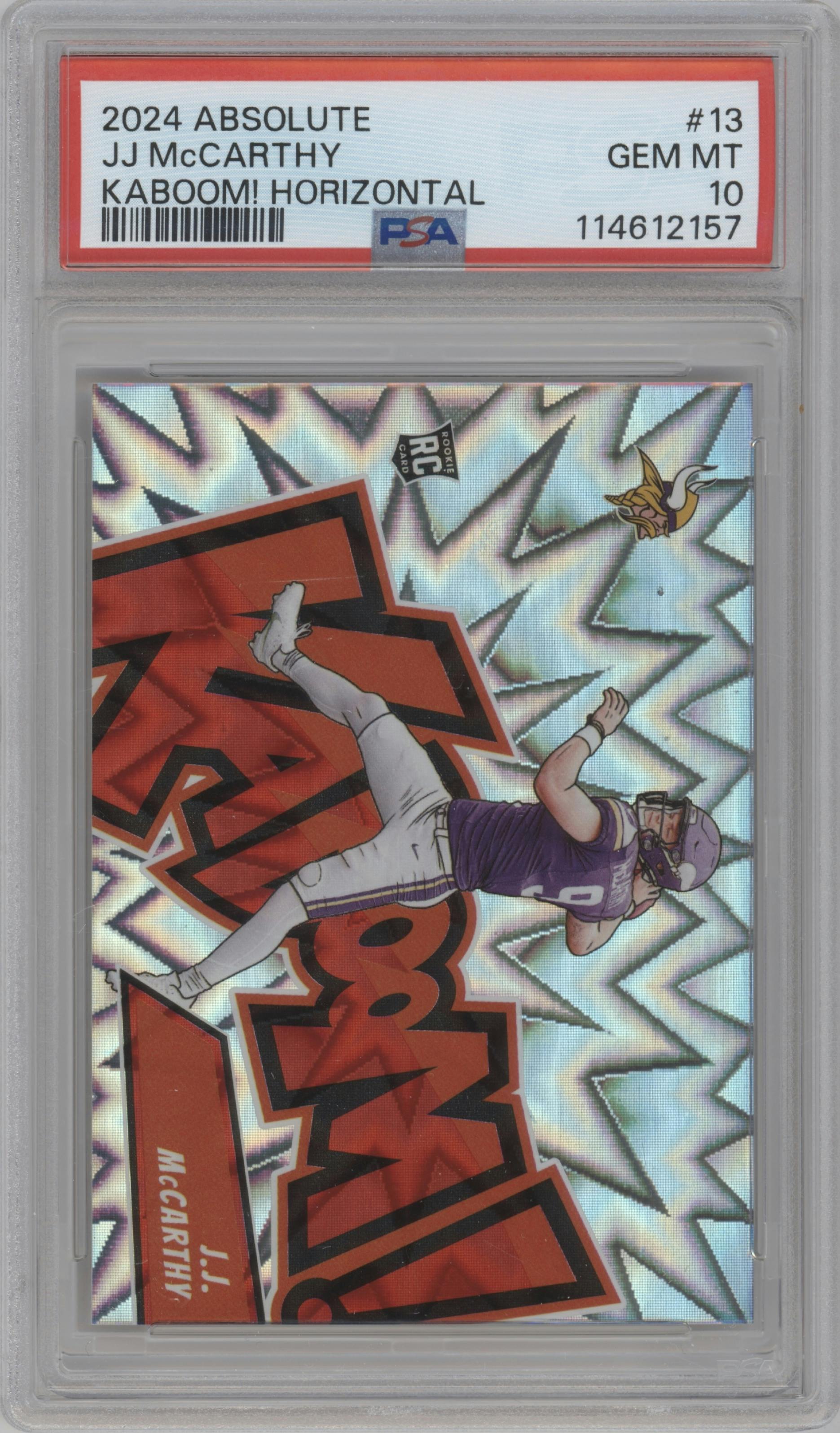 J.J. McCarthy from the 2024 Panini Absolute set graded by PSA and given an overall grade of 10.