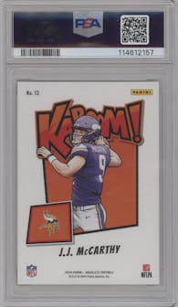 J.J. McCarthy from the 2024 Panini Absolute set graded by PSA and given an overall grade of 10.