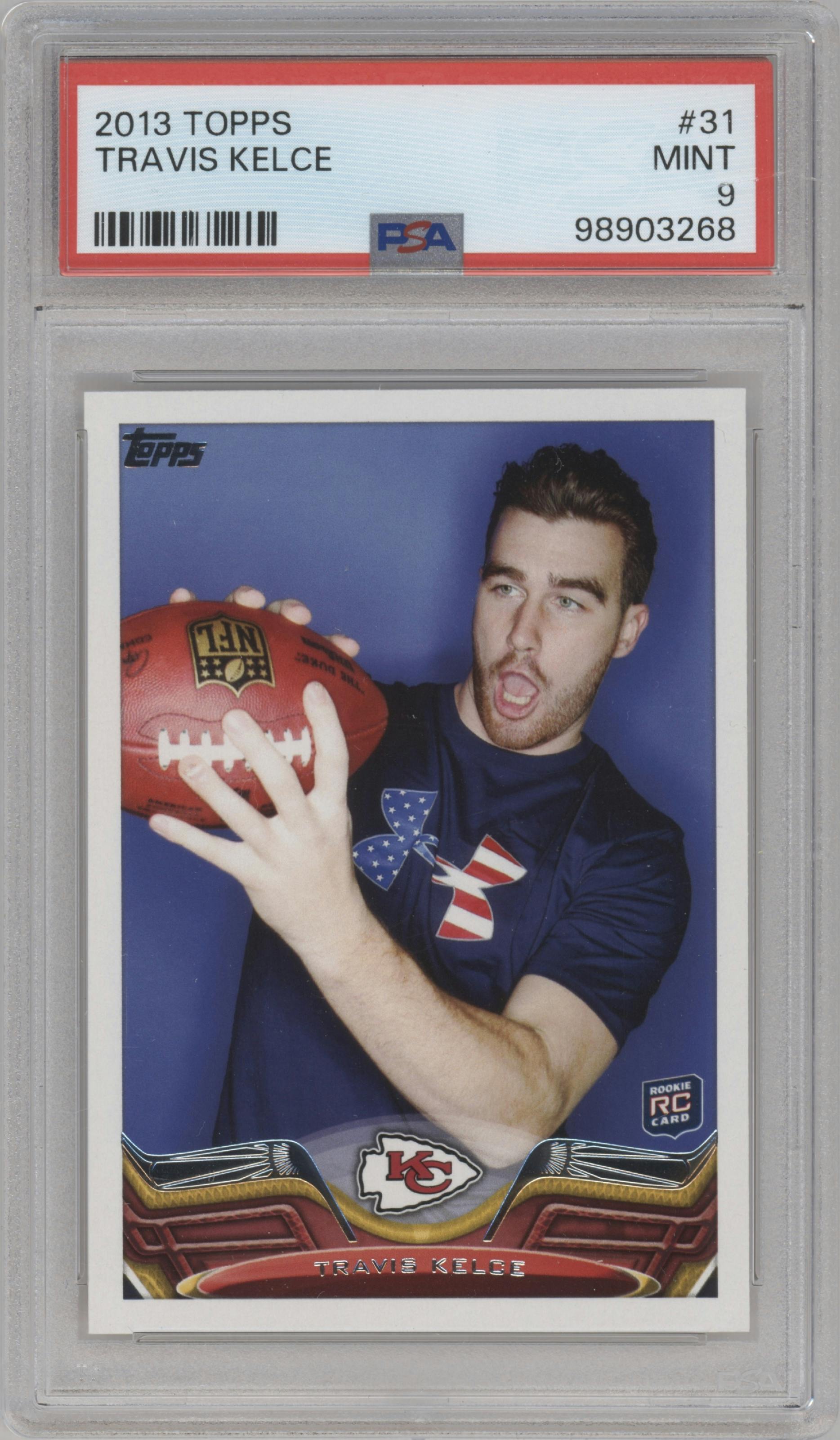 Travis Kelce from the 2013 Topps set graded by PSA and given an overall grade of 9.
