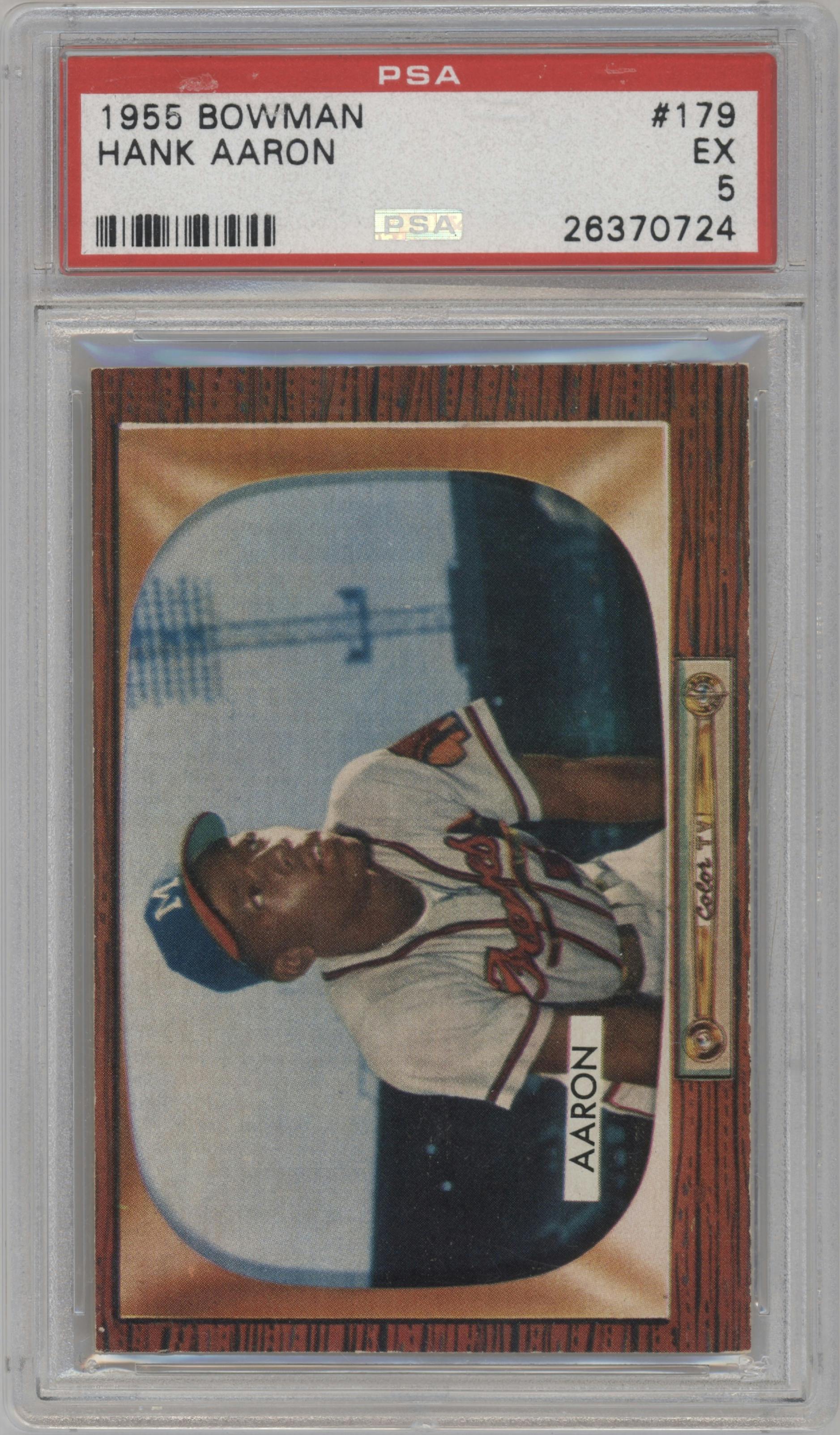Hank Aaron from the 1955 Bowman set graded by PSA and given an overall grade of 5.