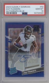 Zay Flowers from the 2023 Clearly Donruss set featuring a Blue parallel graded by PSA and given an overall grade of 10.