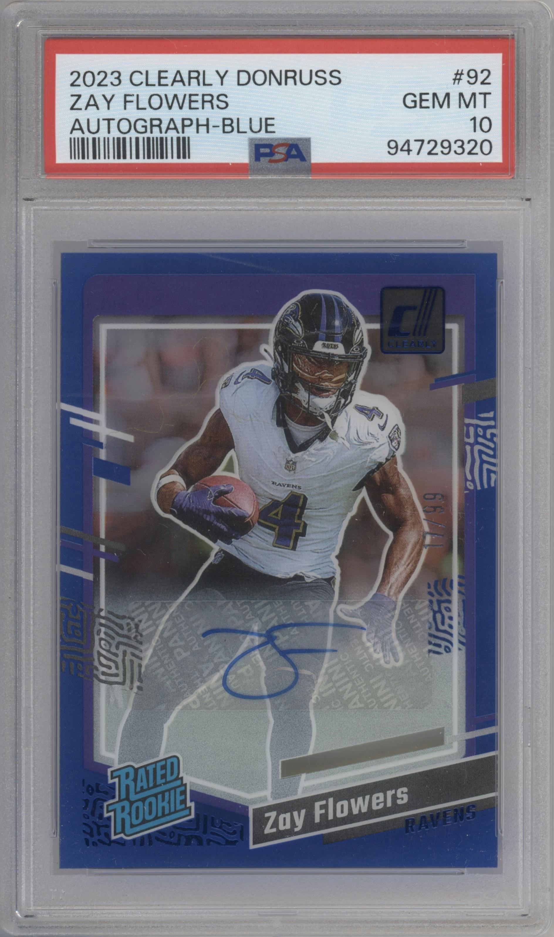 Zay Flowers from the 2023 Clearly Donruss set featuring a Blue parallel graded by PSA and given an overall grade of 10.
