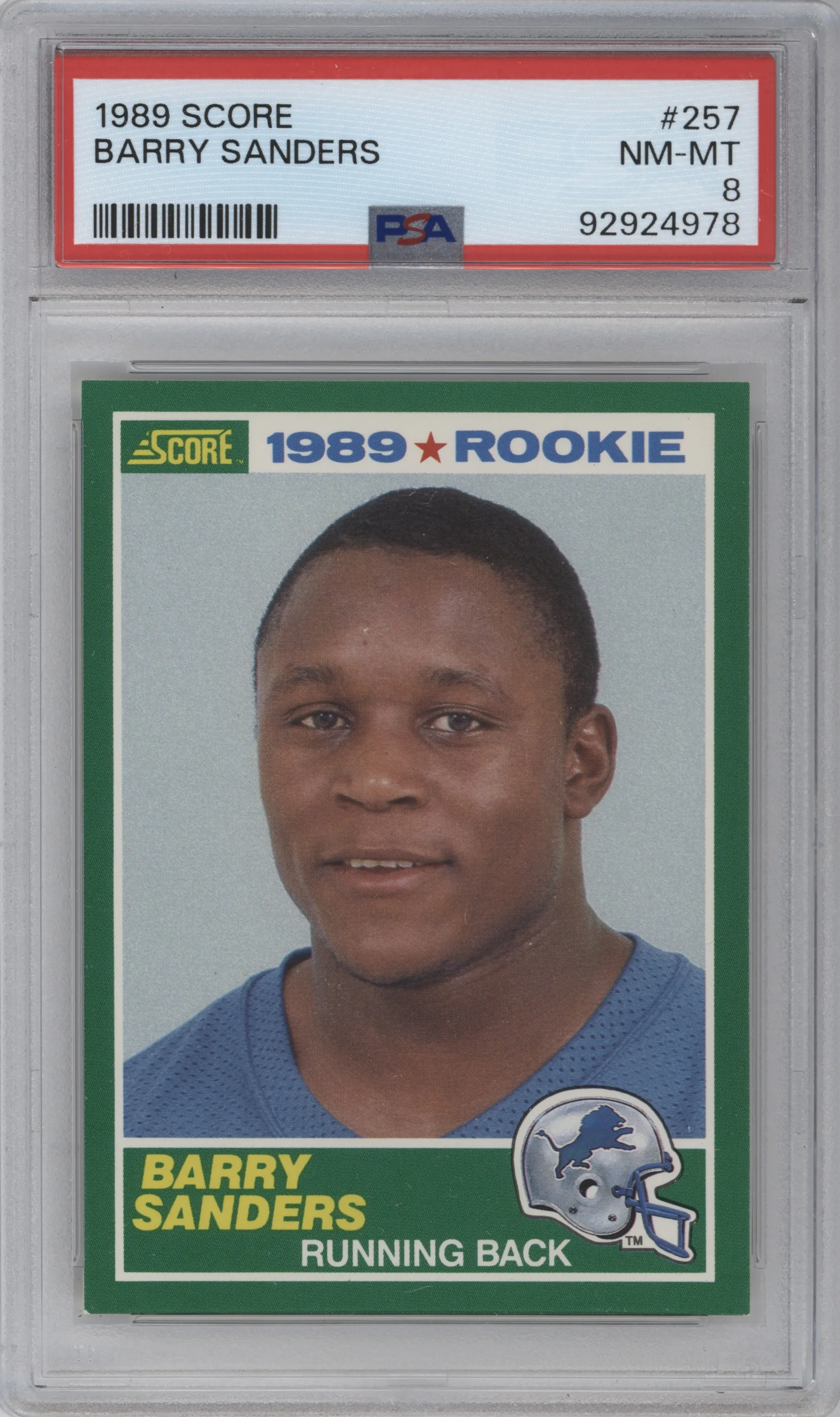 Barry Sanders from the 1989 Score set graded by PSA and given an overall grade of 8.