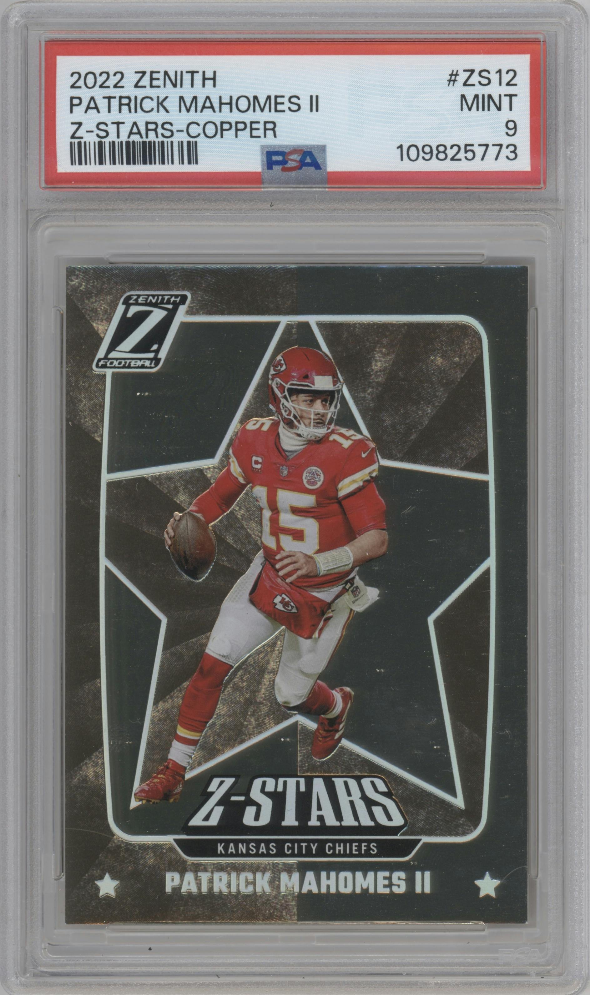 Patrick Mahomes II from the 2022 Panini Zenith set featuring a Copper parallel graded by PSA and given an overall grade of 9.