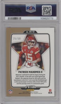 Patrick Mahomes II from the 2022 Panini Zenith set featuring a Copper parallel graded by PSA and given an overall grade of 9.