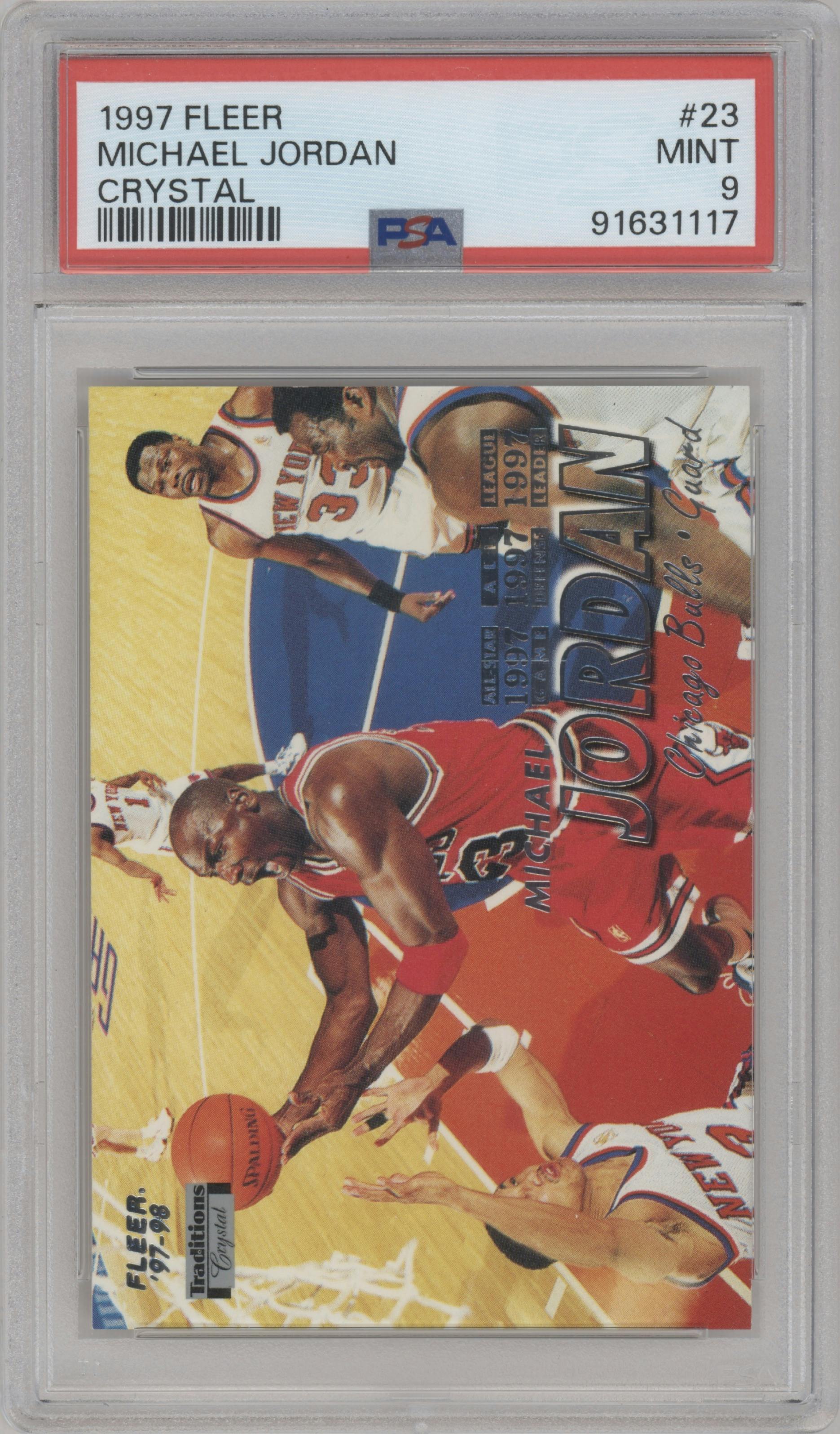 Michael Jordan from the 1997-98 Fleer set featuring a Crystal parallel graded by PSA and given an overall grade of 9.