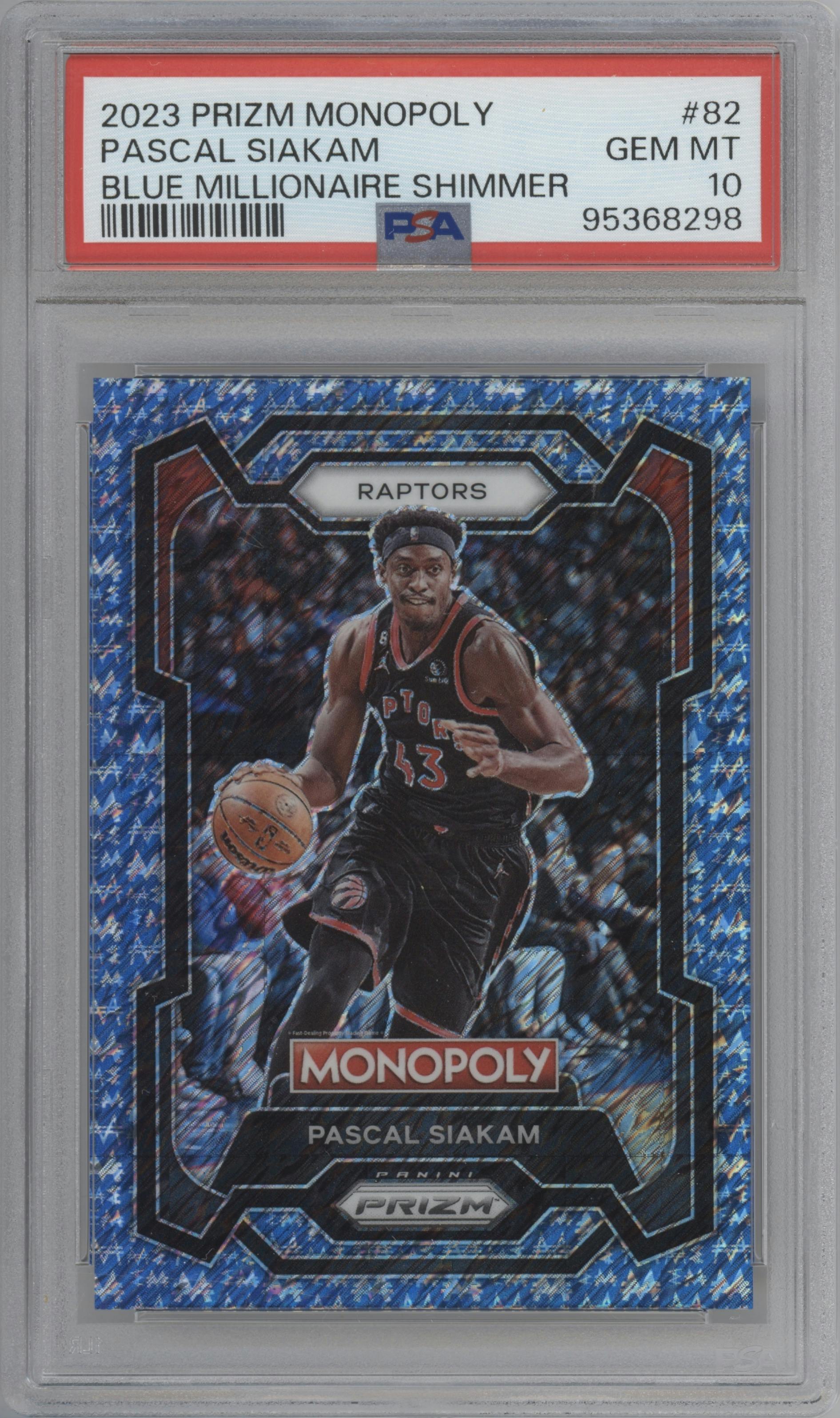 Pascal Siakam from the 2023-24 Panini Prizm Monopoly set featuring a Blue Millionaire Shimmer parallel graded by PSA and given an overall grade of 10.
