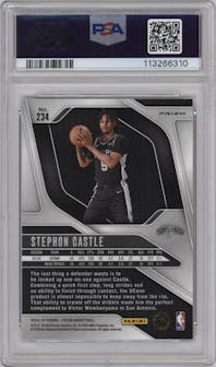 Stephon Castle from the 2024-25 Panini Prizm set featuring a Silver Prizm parallel graded by PSA and given an overall grade of 10.