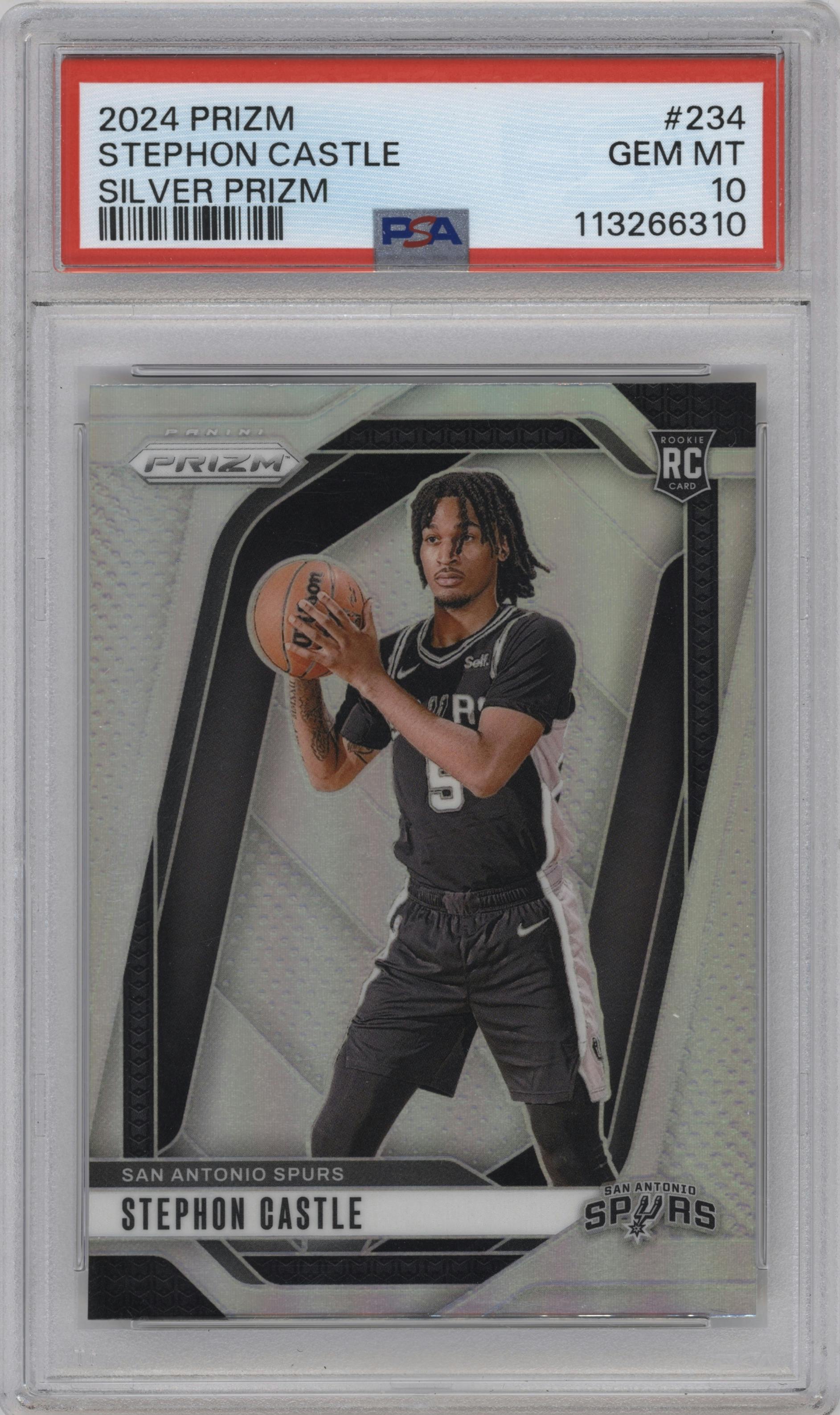 Stephon Castle from the 2024-25 Panini Prizm set featuring a Silver Prizm parallel graded by PSA and given an overall grade of 10.