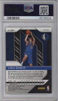 Luka Doncic from the 2018-19 Panini Prizm set featuring a Choice Tiger Stripe parallel graded by PSA and given an overall grade of 10.