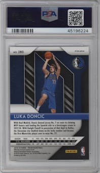 Luka Doncic from the 2018-19 Panini Prizm set featuring a Choice Tiger Stripe parallel graded by PSA and given an overall grade of 10.