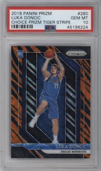Luka Doncic from the 2018-19 Panini Prizm set featuring a Choice Tiger Stripe parallel graded by PSA and given an overall grade of 10.