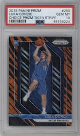 Luka Doncic from the 2018-19 Panini Prizm set featuring a Choice Tiger Stripe parallel graded by PSA and given an overall grade of 10.