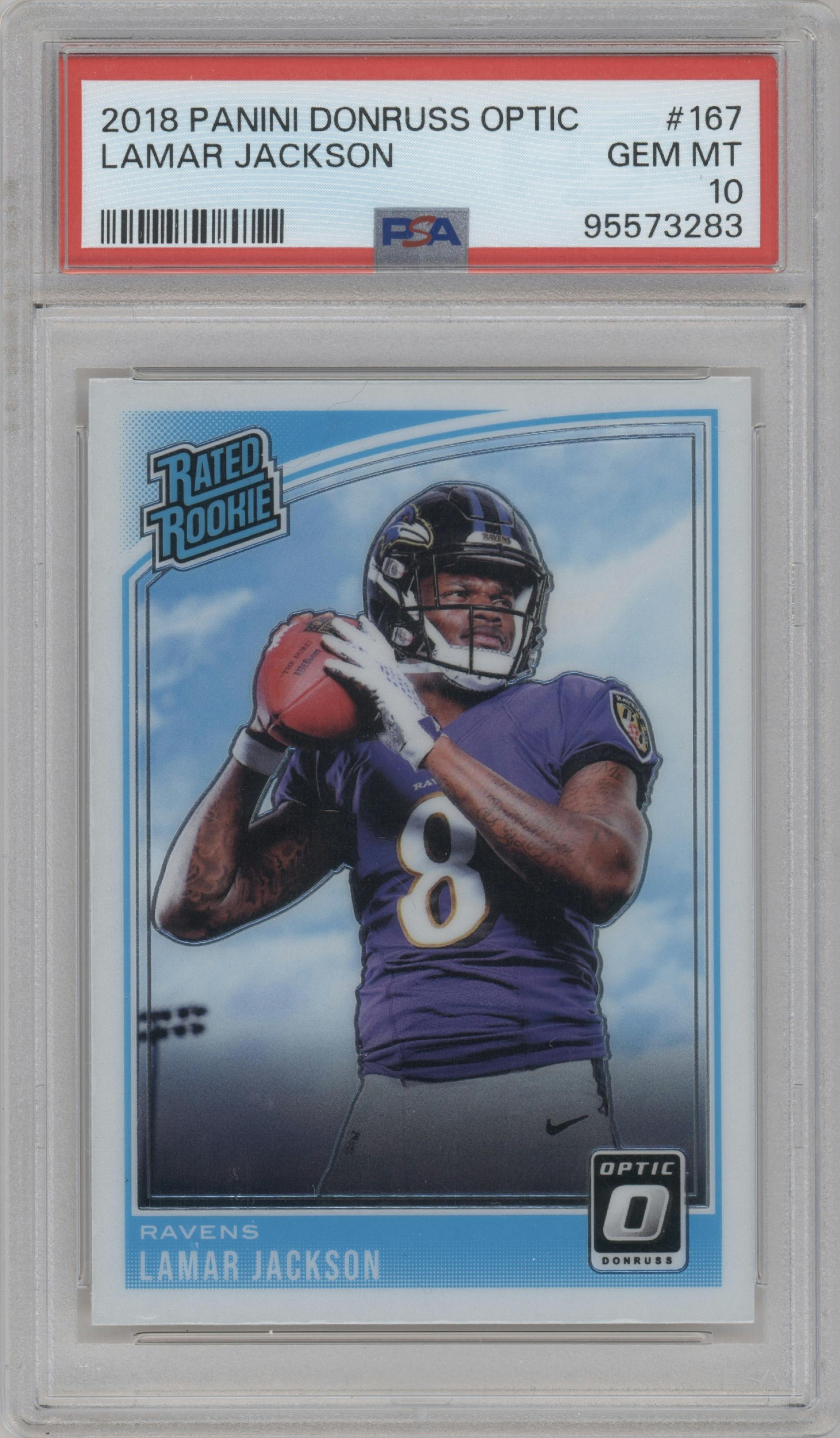Lamar Jackson from the 2018 Panini Donruss Optic set graded by PSA and given an overall grade of 10.