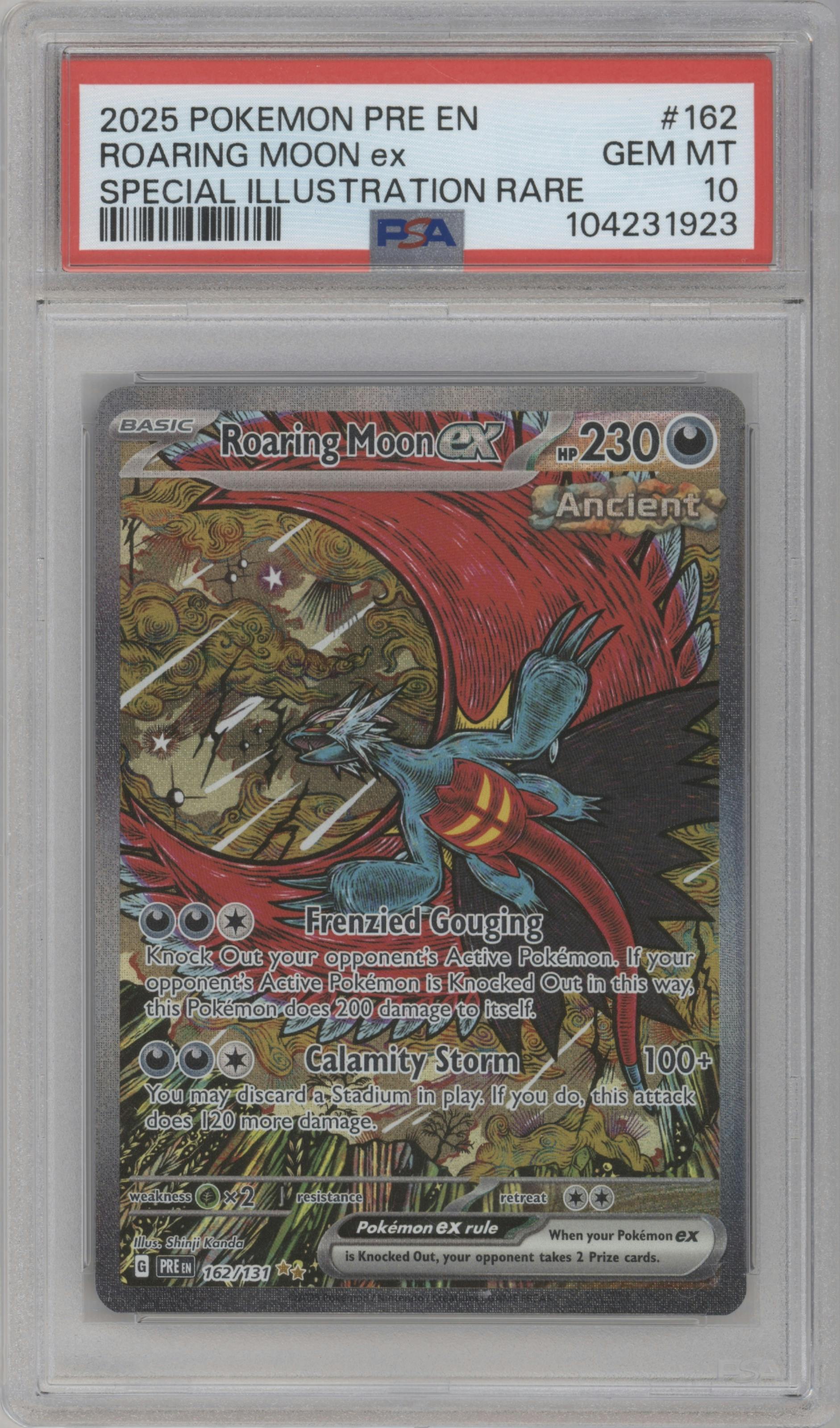 Roaring Moon ex from the 2025 Pokemon SV set graded by PSA and given an overall grade of 10.