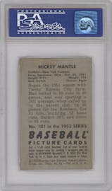 Mickey Mantle from the 1952 Bowman set graded by PSA and given an overall grade of 4.