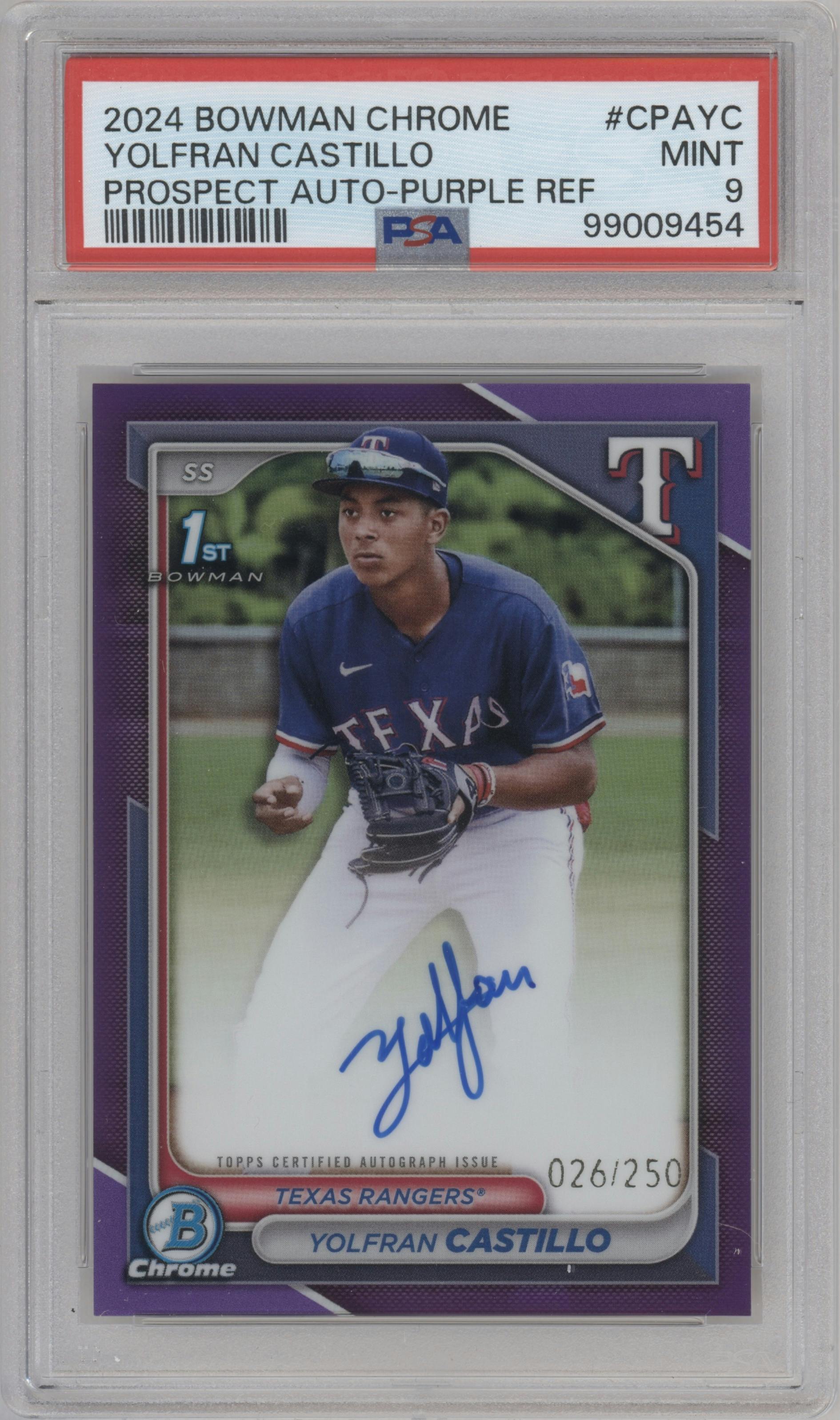 Yolfran Castillo from the 2024 Bowman Chrome set featuring a Purple Refractor parallel graded by PSA and given an overall grade of 9.