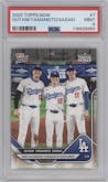 Shohei Ohtani/Yoshinobu Yamamoto/Roki Sasaki from the 2025 Topps Now set graded by PSA and given an overall grade of 9.