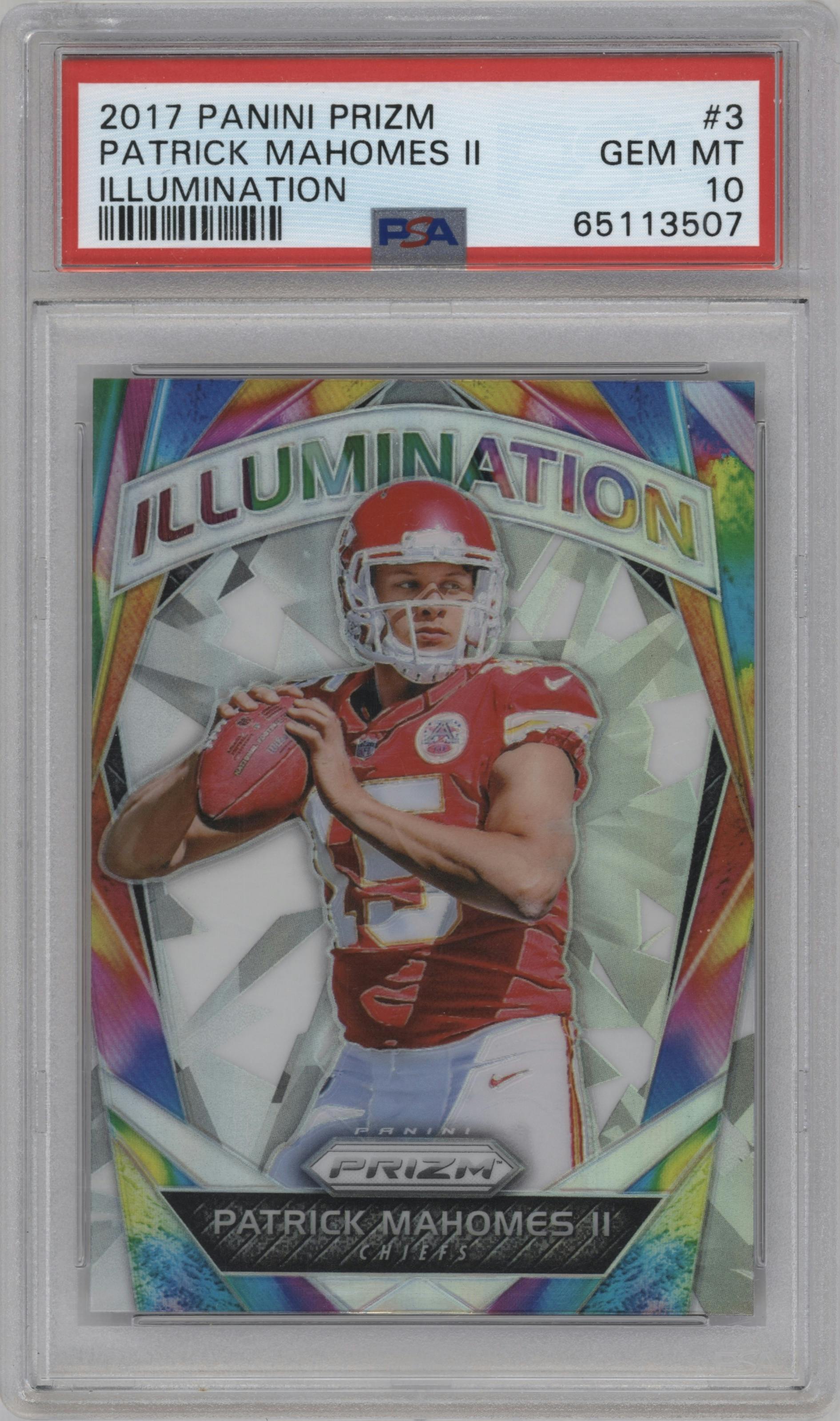 Patrick Mahomes II from the 2017 Panini Prizm set graded by PSA and given an overall grade of 10.