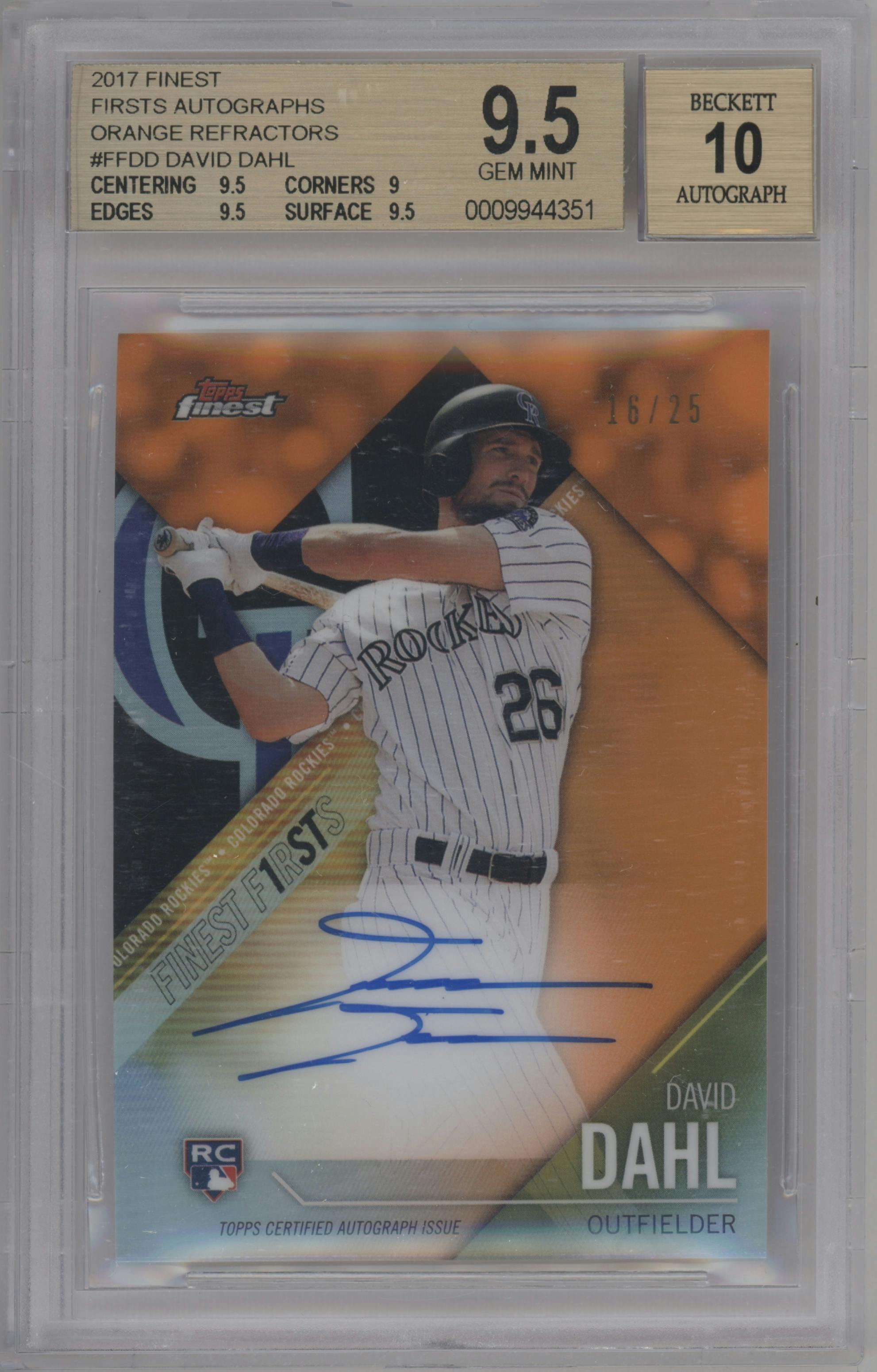 David Dahl from the 2017 Topps Finest set featuring a Orange Refractor parallel graded by Beckett and given an overall grade of 9.5.