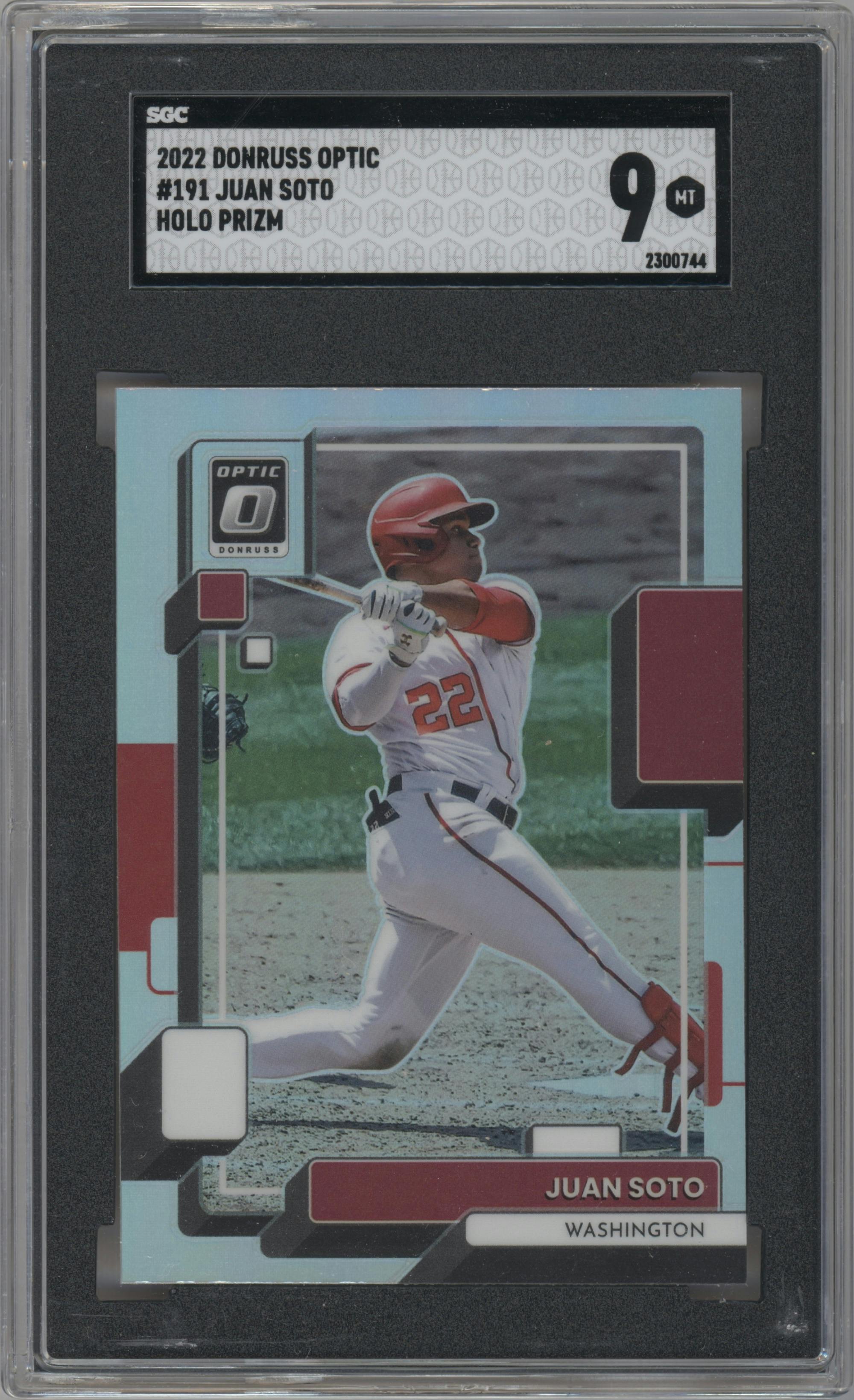 Juan Soto from the 2022 Donruss Optic set featuring a Holo parallel graded by SGC and given an overall grade of 9.