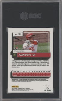 Juan Soto from the 2022 Donruss Optic set featuring a Holo parallel graded by SGC and given an overall grade of 9.