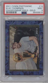 Klay Thompson from the 2021-22 Panini PhotoGenic set featuring a Gold parallel graded by PSA and given an overall grade of 9.