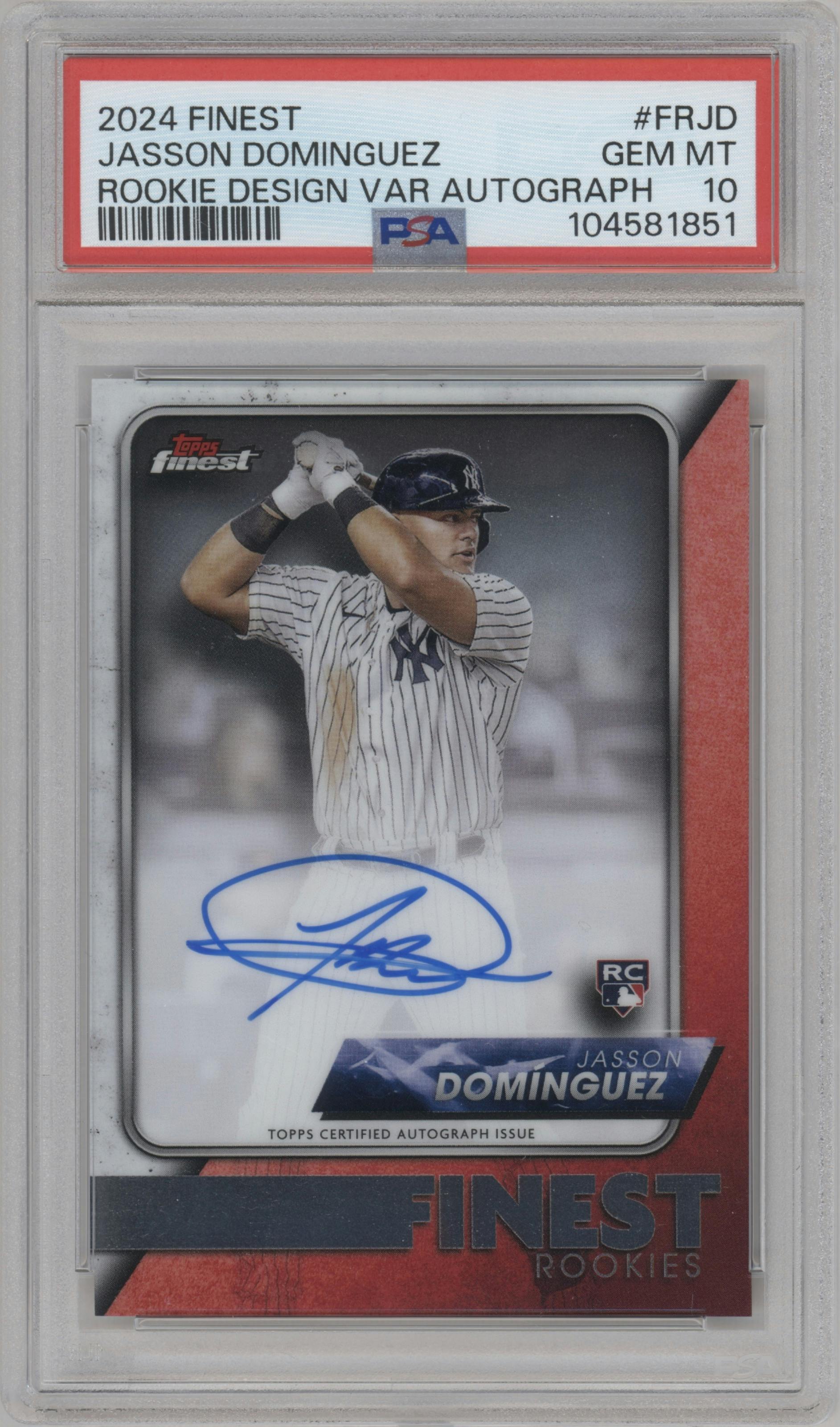 Jasson Dominguez from the 2024 Topps Finest set graded by PSA and given an overall grade of 10.