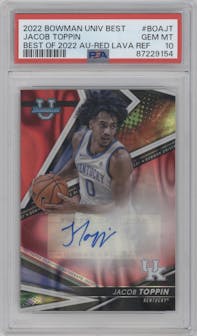 Jacob Toppin from the 2022-23 Bowman University Best set featuring a Red Lava parallel graded by PSA and given an overall grade of 10.